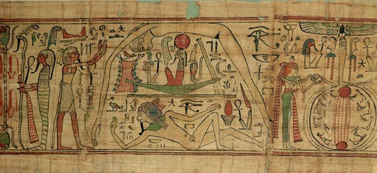 Detail van de papyrus van Nespakashuty die de god Geb (aarde) toont gescheiden van zijn vrouw, de godin Nut (hemel)